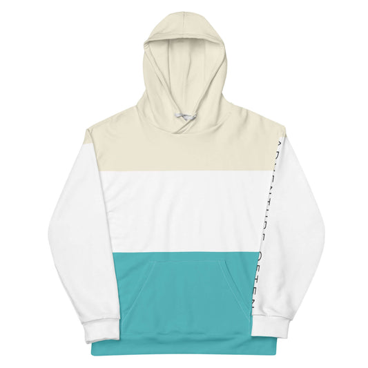 mountain hoodie: adventure often hoodie champagne, white and viking blue, front, 