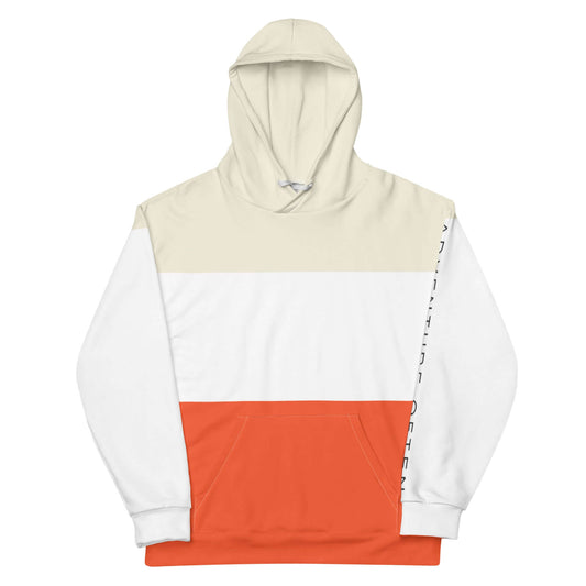 mountain hoodie: adventure often hoodie champagne, white and outrageous orange, front, 