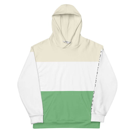 mountain hoodie: adventure often hoodie champagne, white and bay leaf green, front, 