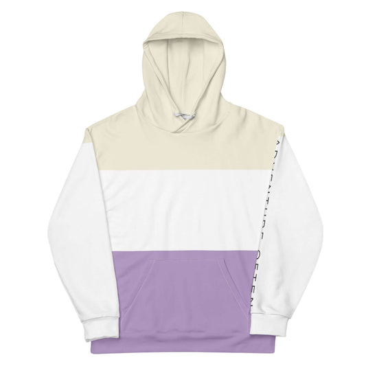 mountain hoodie: adventure often hoodie champagne, white and east side purple, front