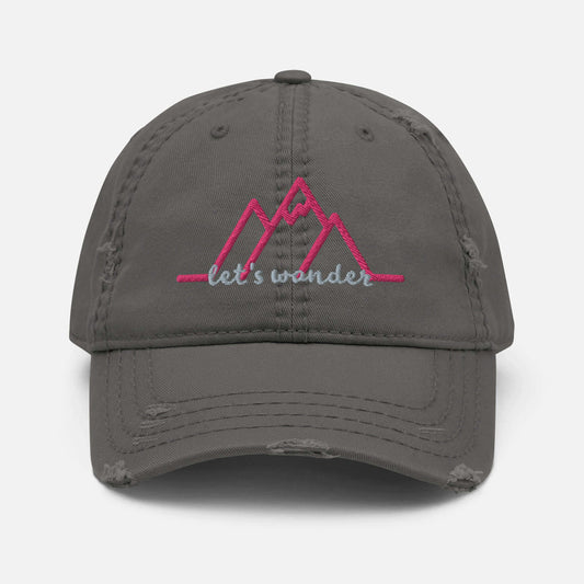 mountain themed apparel: let's wander distressed dad hat, charcoal grey