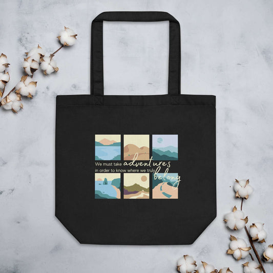 mountain themed apparel and more: we must take adventures to know where we truly belong tote bag, black