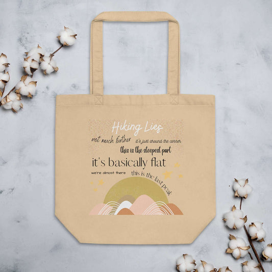 mountain themed apparel and more: hiking lies print tote bag