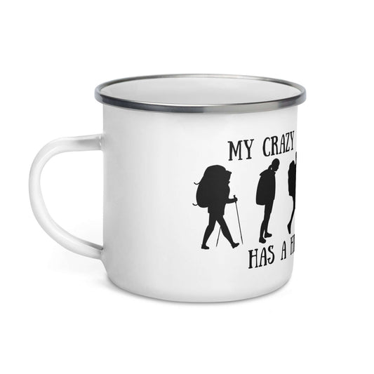 my crazy drinking crew has a hiking problem enamel mug, front