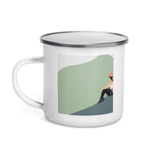 girl on a mountain enamel mug, front