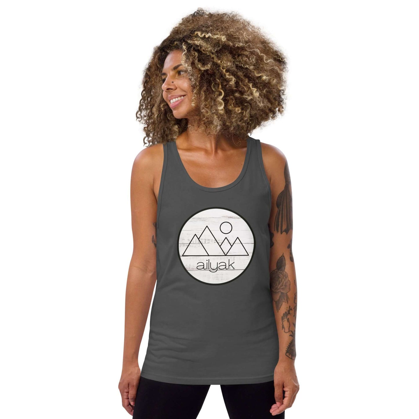 mountain themed apparel: ailyak tank top, asphalt grey