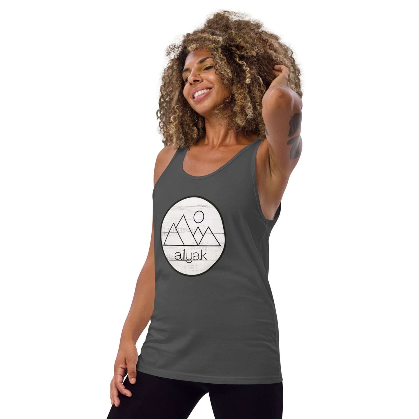 mountain themed apparel: ailyak tank top, asphalt grey