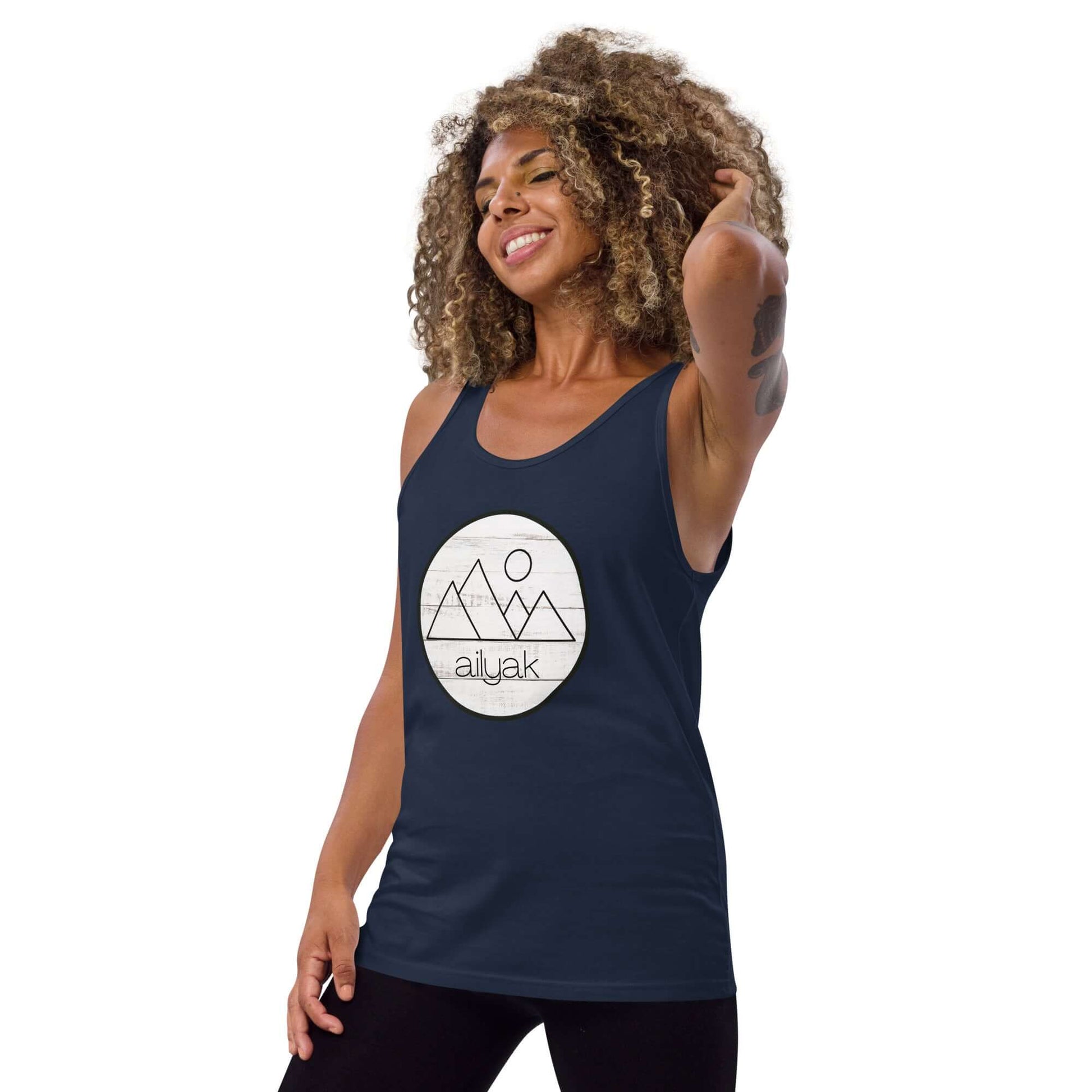 mountain themed apparel: ailyak tank top, navy