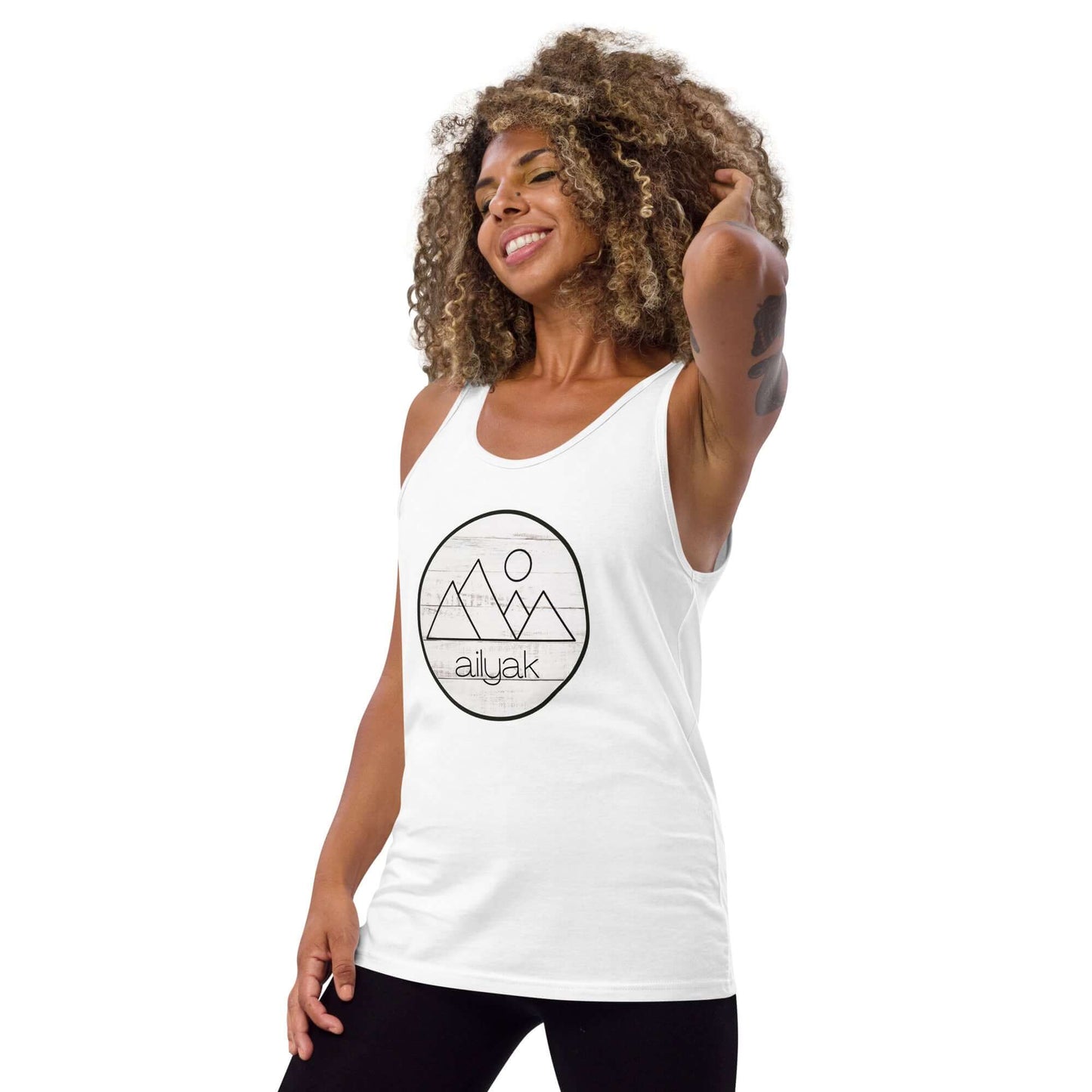 mountain themed apparel: ailyak tank top, white