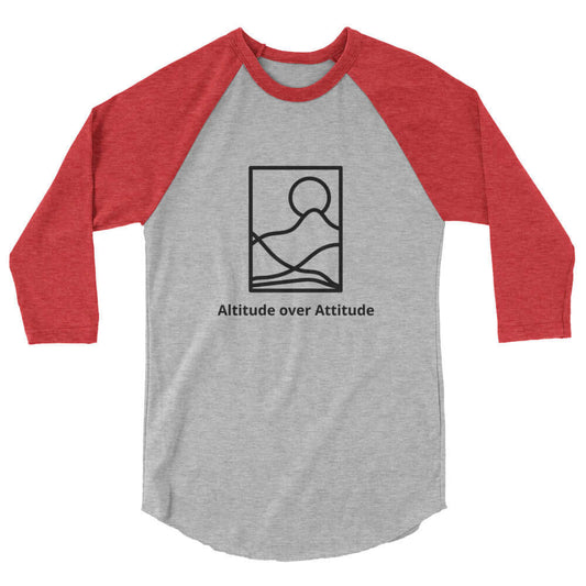 mountain themed apparel: altitude over attitude 3/4 length sleeve shirt, heather grey with red sleeves