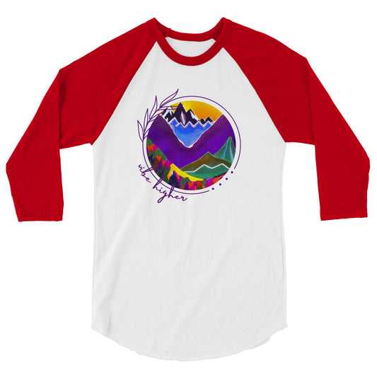 mountain themed apparel: vibe higher 3/4 length sleeve shirt, white with red sleeves