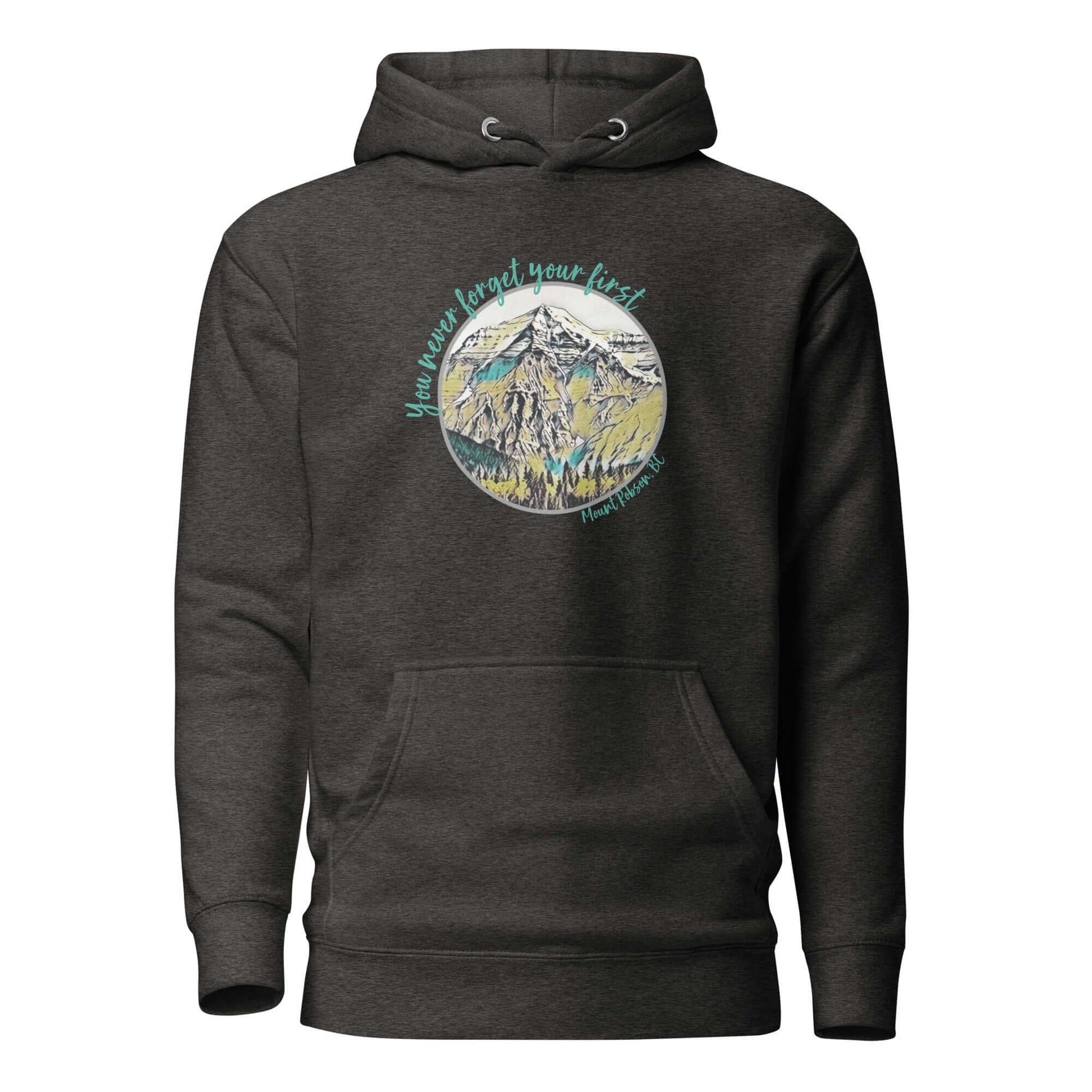 mountain themed apparel: you never forget your first mount robson hoodie, charcoal heather