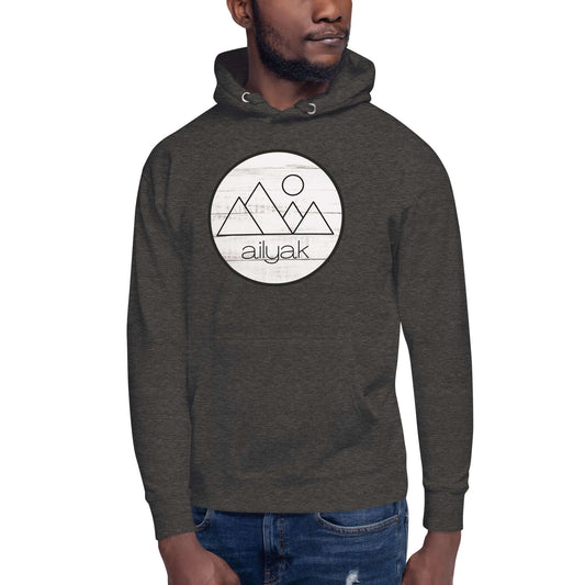 mountain themed apparel: ailyak hoodie, heather charcoal grey