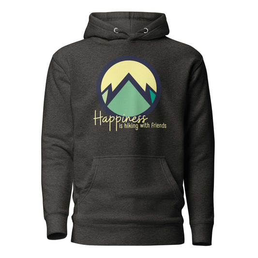 mountain themed apparel, happiness is hiking with friends hoodie, charcoal heather