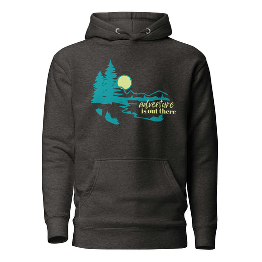 adventure is out there hoodie, charcoal grey