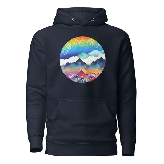 mountain themed apparel: colour your world with adventure hoodie, navy