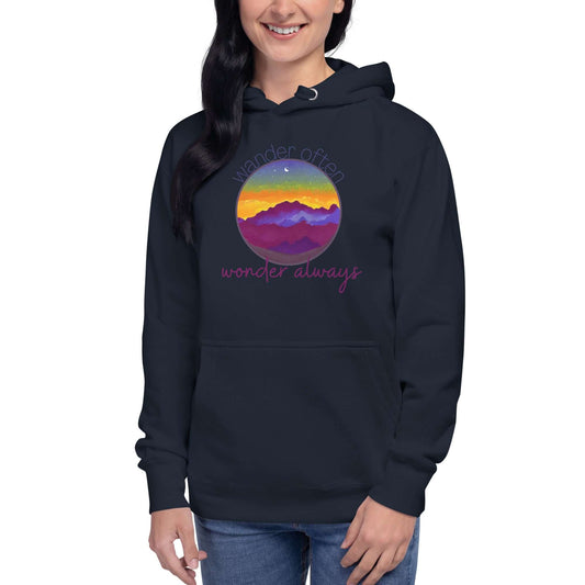 mountain themed apparel: wander often, wonder always hoodie, navy