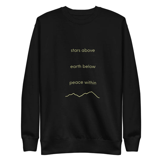 mountain themed apparel: stars above earth below peace within sweatshirt, black