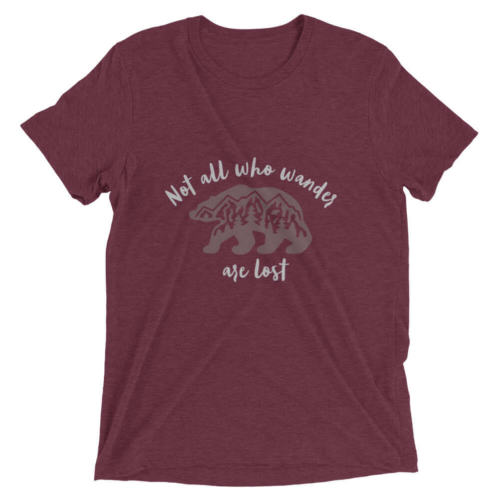 mountains t-shirt, mountain themed apparel: not all who wander are lost t-shirt, maroon triblend