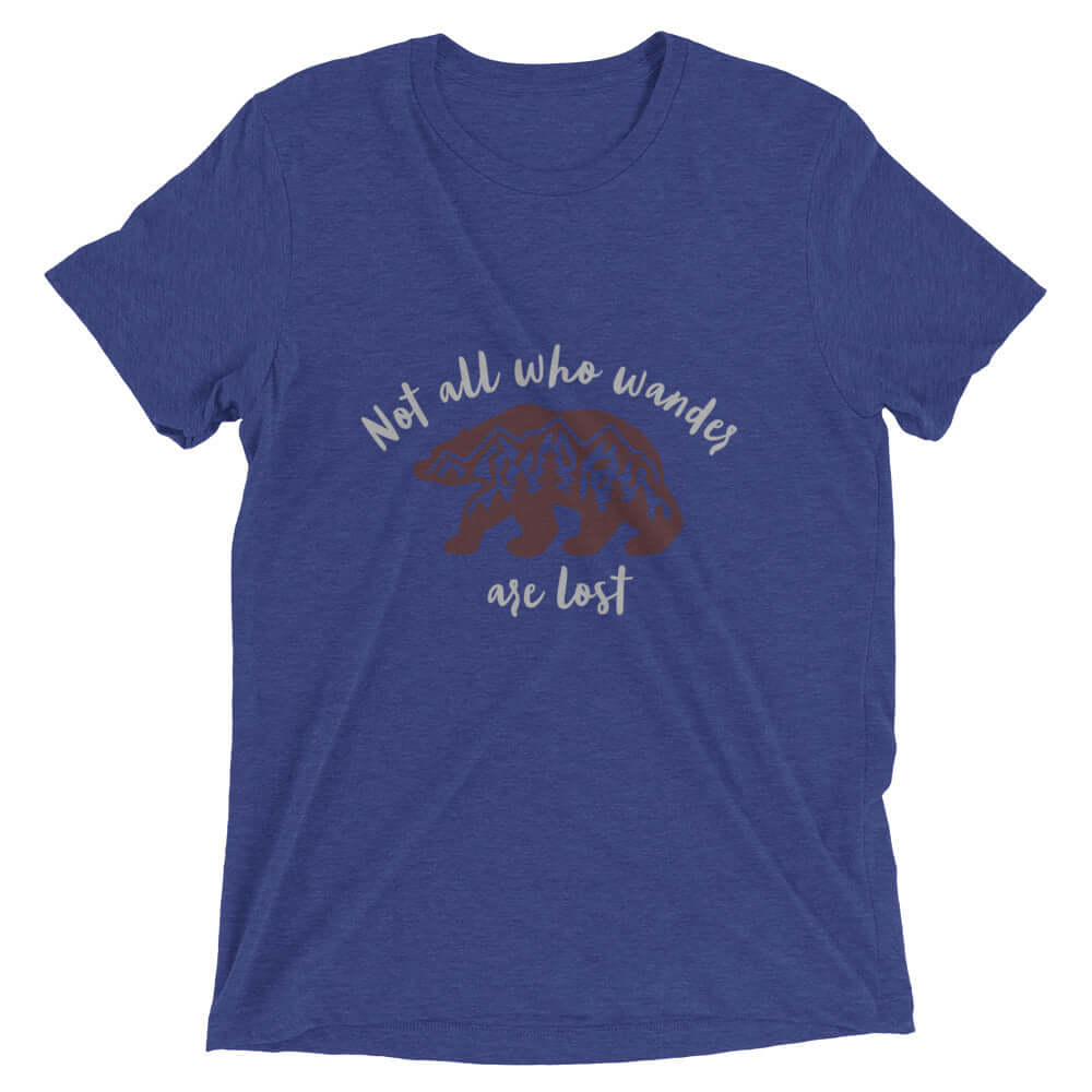 mountains t-shirt, mountain themed apparel: not all who wander are lost t-shirt, navy triblend