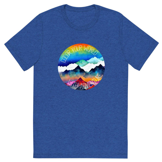 mountain themed apparel: colour your world with adventure t-shirt, royal blue triblend