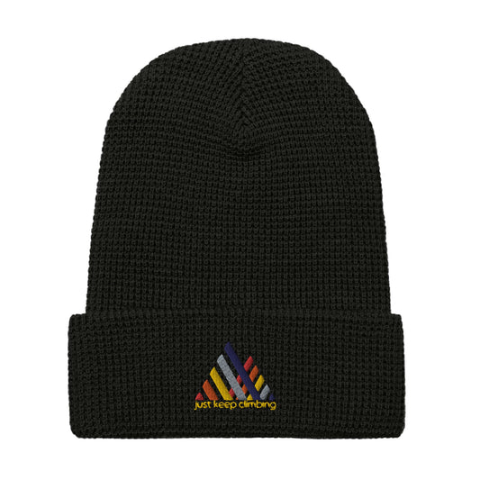 mountain themed apparel: just keep climbing waffle beanie, black