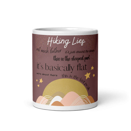 mountain themed apparel and more: hiking lies print maroon gold pink and white mug